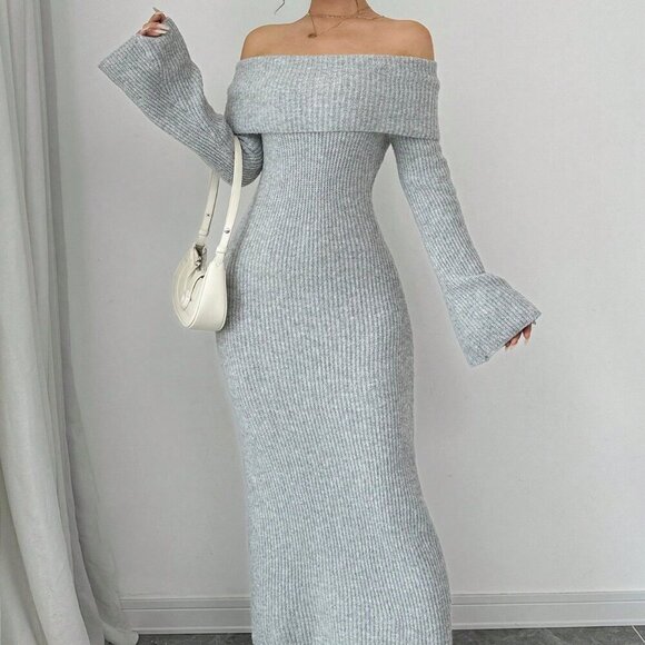 Grey Elegant Women's Off-Shoulder Long Sleeve Dress - Picture 4 of 6